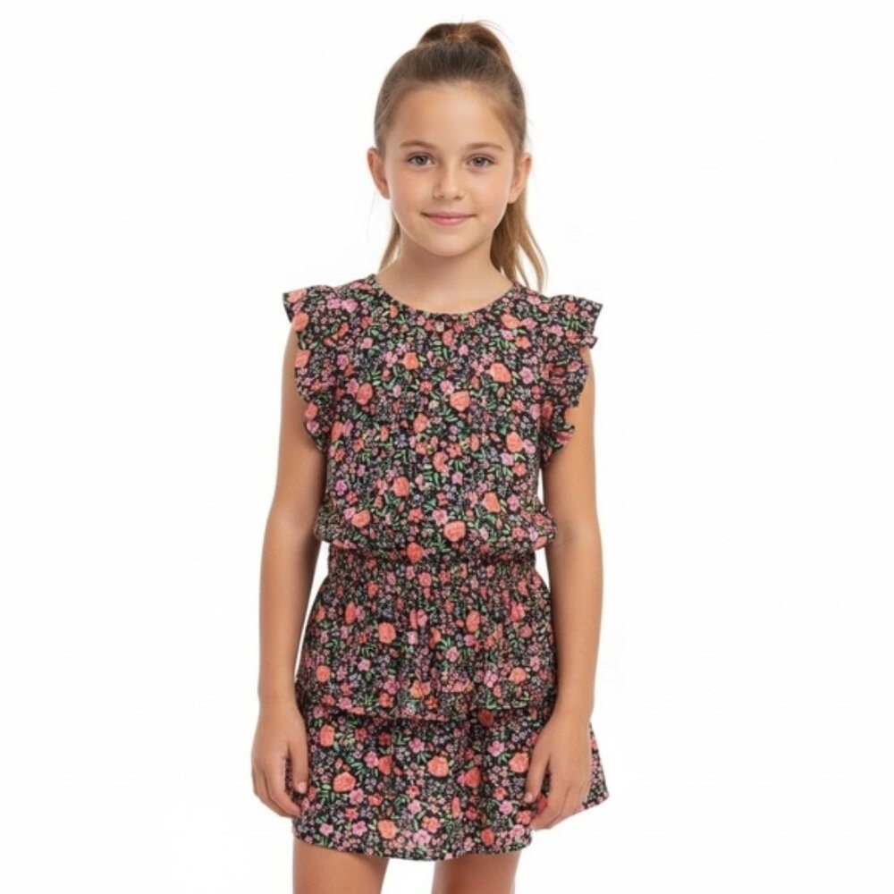 💠Lemon Kiss Floral Kids Skorts Set Pink Black Ruffled Matching Top Skirt Outfit